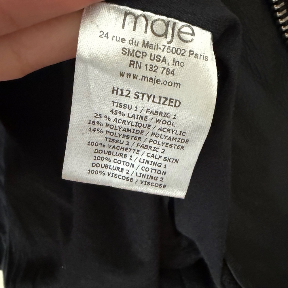 Maje | Wool Blend & Leather Asymmetrical Full Zip Jacket Moto Black Small - Picture 8 of 8